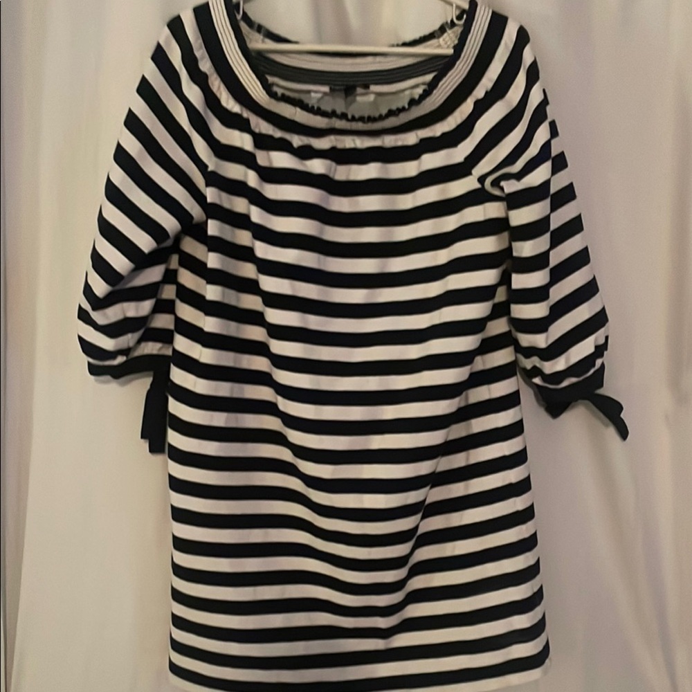 J. Crew Navy Blue and White 3/4 Sleeve off the Shoulder Mini Dress